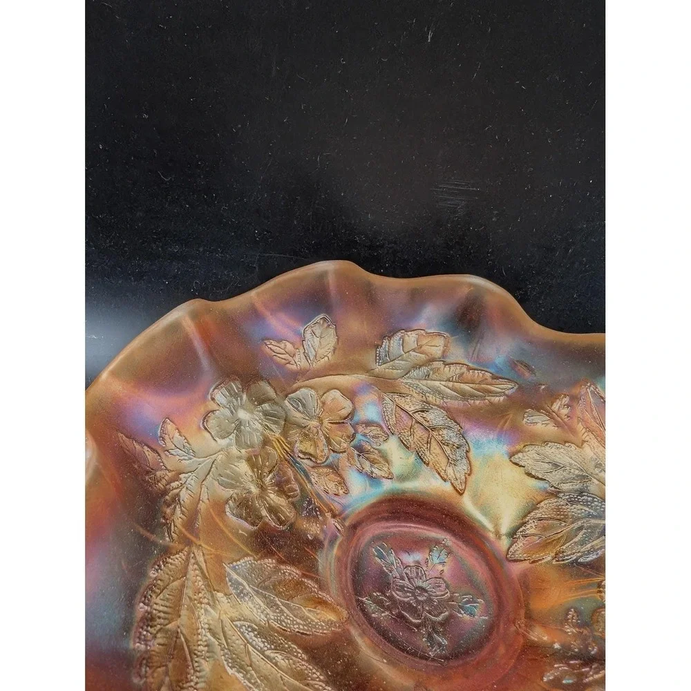 Dugan Dogwood Sprays Marigold‎ Carnival Glass Footed Ruffled Bowl 9